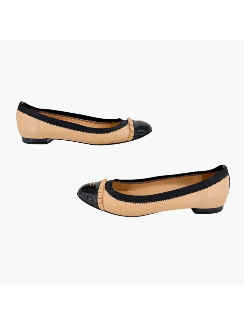 Chanel CC Cap Toe Ballet Flats Beige Black Leather Ruffle Size 39.5 US 8.5-9